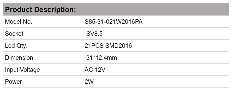 LED車電球S85-31-021W2016PA